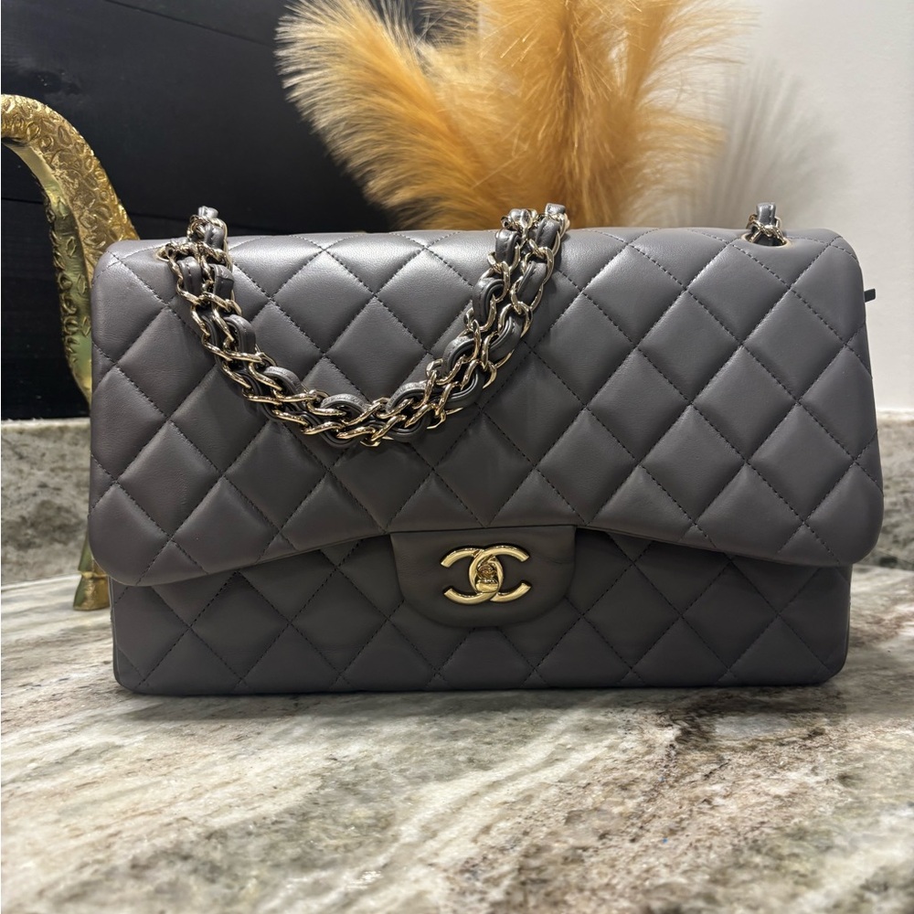 Chanel Grey Quilted Lambskin Classic Double Flap Bag Gold Hardware